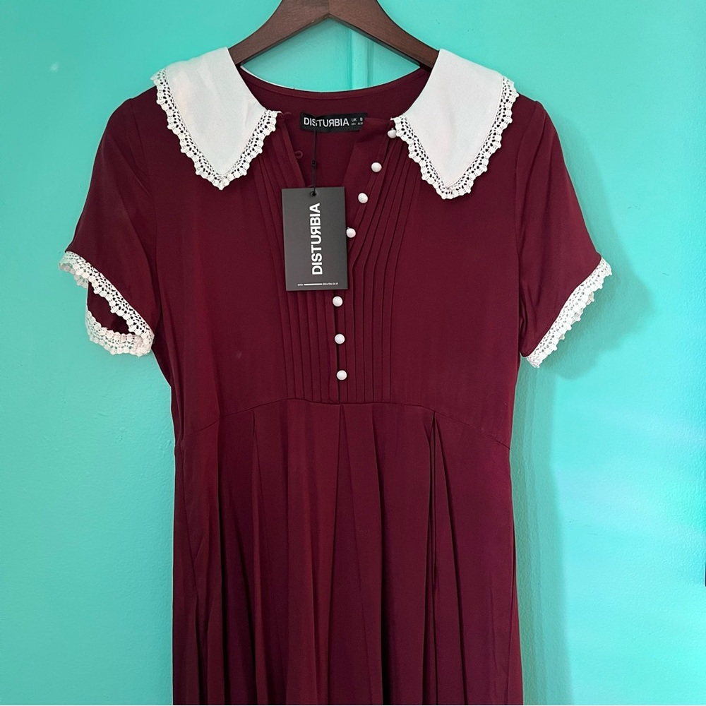 Disturbia Burgundy Dress with White Lace Collar